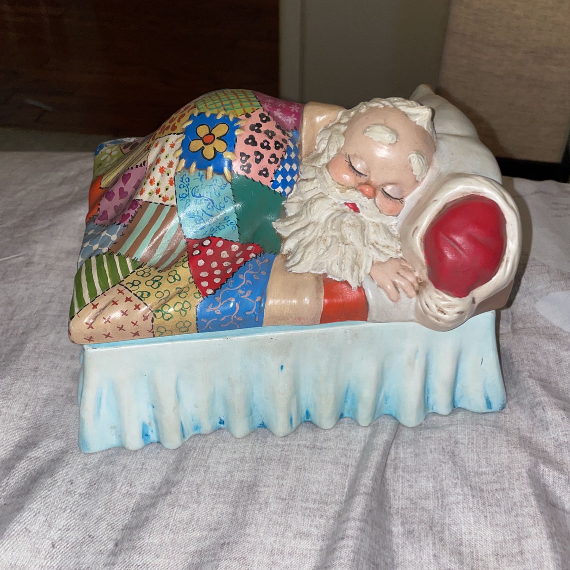 Used Vintage 1950s Sleeping Santa with Multicolor Quilt Ceramic Lidded Candy Cookie Jar 