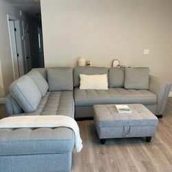 ** MUST SELL**  MINT Gray Sectional Sofa [Includes Storage Ottoman]