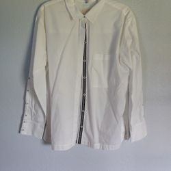 Johnny Was Women's XS Poplin Relaxed Pocket Shirt White Long Sleeve Step Hem