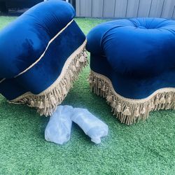 Ellen Upholstered Cr Ottoman With Gold Bullion Fringe, Navy Blue Velvet Navy Blue Foam Velvet
