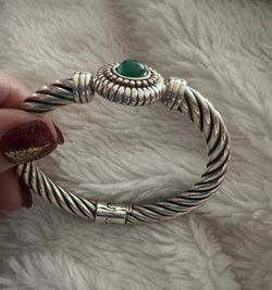 VINTAGE STERLING SILVER & 14K GOLD CHRYSOPRASE CABOCHON DOT TWISTED CABLE BRACELET 
