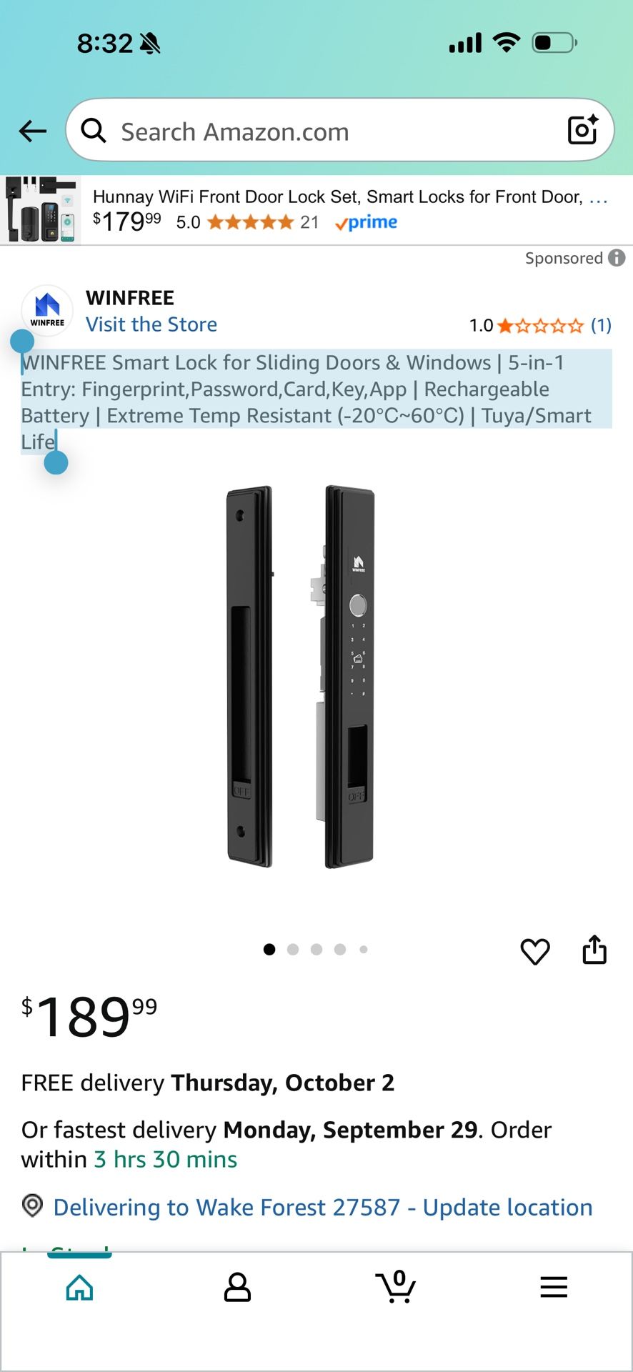 WINFREE Smart Lock for Sliding Doors & Windows | 5-in-1 Entry: Fingerprint,Password,Card,Key,App | Rechargeable Battery | Extreme Temp Resistant (-20℃
