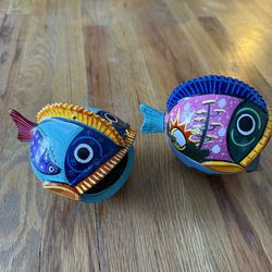 Mexican Folk Art Clay Pottery Wide Mouth Fish Talavera Style Planter/Holder X 2