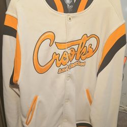 Crooks & Castles Men's Beige Varsity Bomber Jacket Fleece Large
