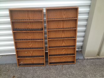 Two wooden shelf units for cassette tapes or other items