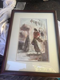 Framed Watercolor Painting of Market Scene