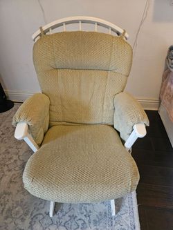 White Wooden Glider Rocking Chair with Tan Cushions