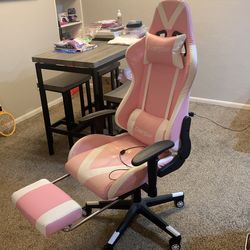 Pink Gaming Office Chair w/USB Vibrating Massage Pillow + Foot Rest