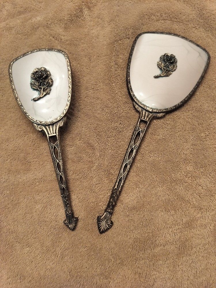 Vintage Hollywood Regency Matson Vanity Dresser Hand Beveled Mirror and Brush Set