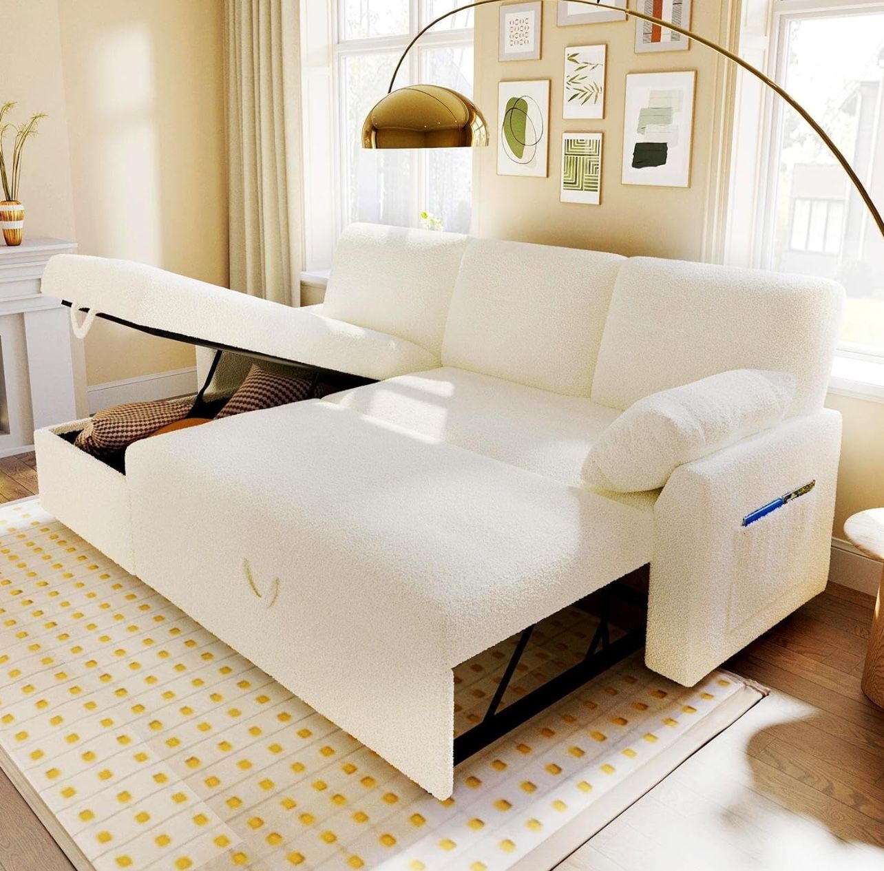 Sleeper Sofa, Sofa Bed- 2 in 1 Pull Out Couch Bed with Storage Chaise for Living Room, Sofa Sleeper with Pull Out Bed, White Boucle Couch