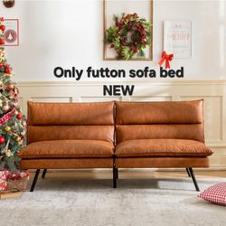 Futon Couch, Memory Foam Small Splitback, Faux  leather Sofa Bed, Saddle Brown