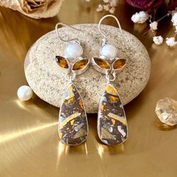 Spiny Bumble Bee, Biwa Pearl And Citrine 925 Sterling Silver Overlay Earrings