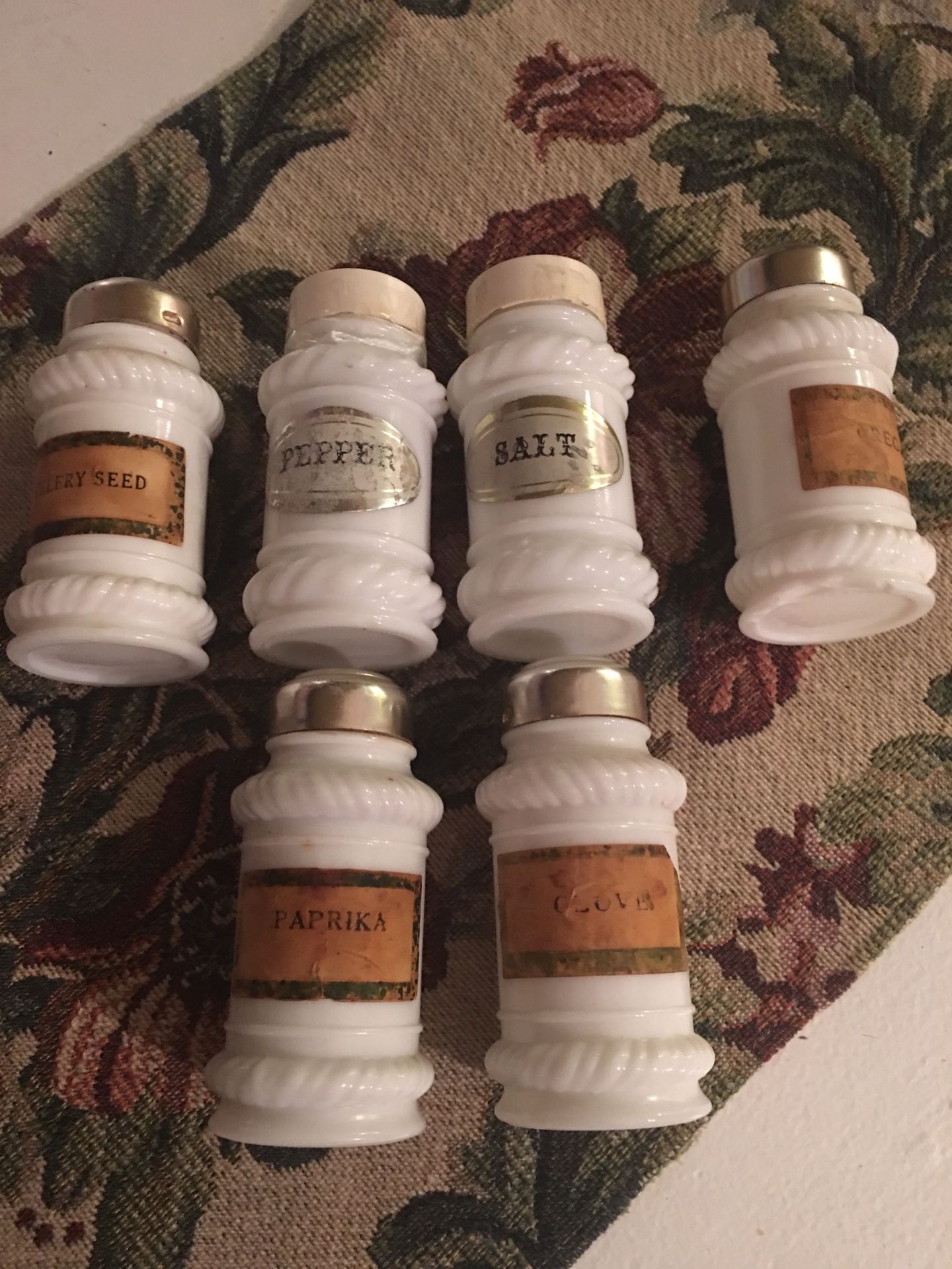 Antique milk glass spice containers