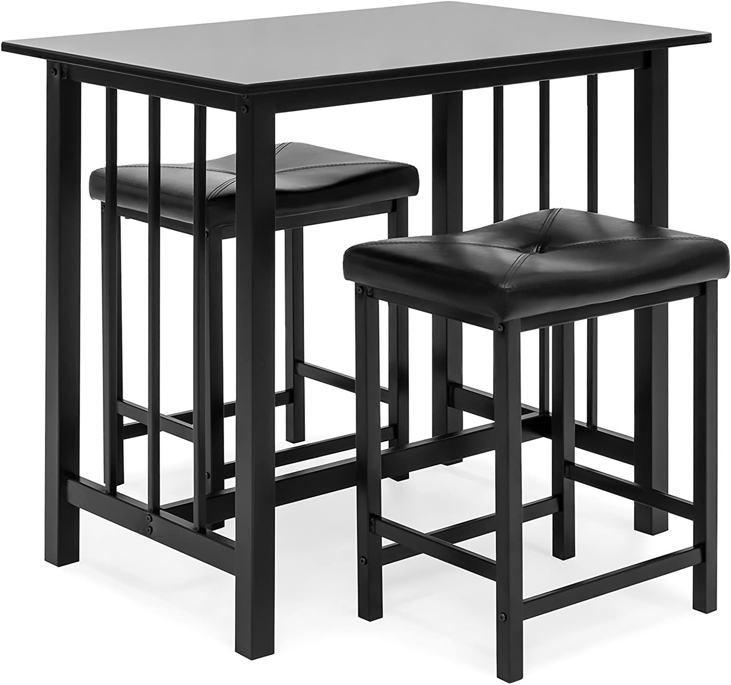 Set of 3 - Counter Height Dining Table with 2 Leather Stools, Black