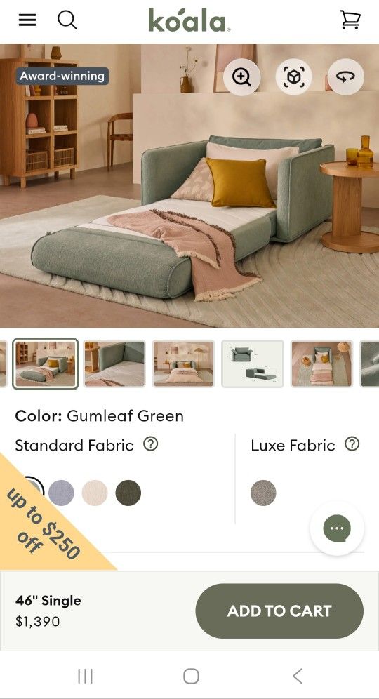Koala, Koala Sofa Bed 46" (1.5-Seater), Gumleaf Green, NEW OPEN BOX