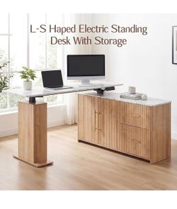 55” L- shaped Electric Standing Desk with Drawers and Cabinet Storage