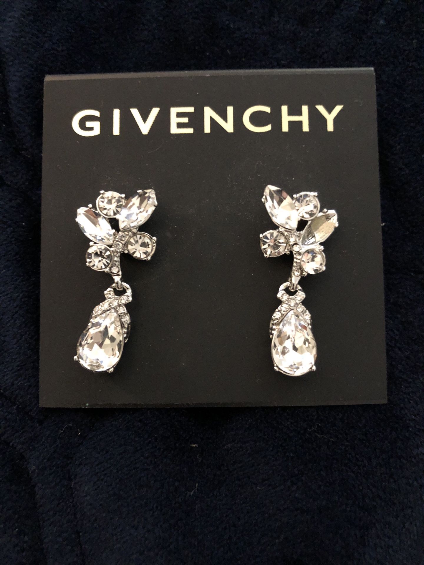 GIVENCHY SILVER TONE CLEAR STONE DROP EARRINGS