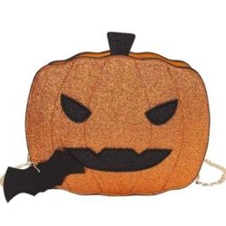 NEW! Leather Pumpkin Shoulder Bag Crossbody Purse Fashion Halloween, Glitter Orange, long gold chain
