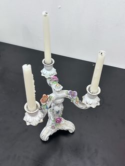 Porcelain Three-Arm Candelabra with Floral Detail