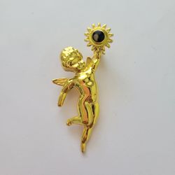 Gold-tone Cherub Brooch Holy Stone Lapel Bag Gear Angelic Sun Pin