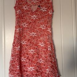 Vintage Red Floral Lace Fit & Sheer Flare Dress – Scalloped Hem, Sleeveless | Size Small