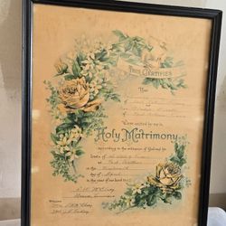 Antique Vintage 1927 Holy Matrimony Marriage  Certificate Frame 