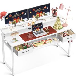 ODK Computer Desk Study Table, 55 Inch Office Desk with Drawers and Keyboard Tray, Study Desk Work Desk with Monitor Shelf, Writing Desk with Storage 