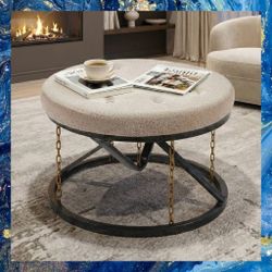 Round 24" Boucle-Style Coffee Table, Stool, Footrest On Iron Frame. New, In Box. 