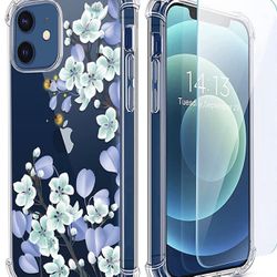 [5-in-1] RoseParrot iPhone 12 Case & iPhone 12 Pro Case with Screen Protector + Ring Holder + Waterproof Pouch, Clear with Floral Pattern Design, Soft