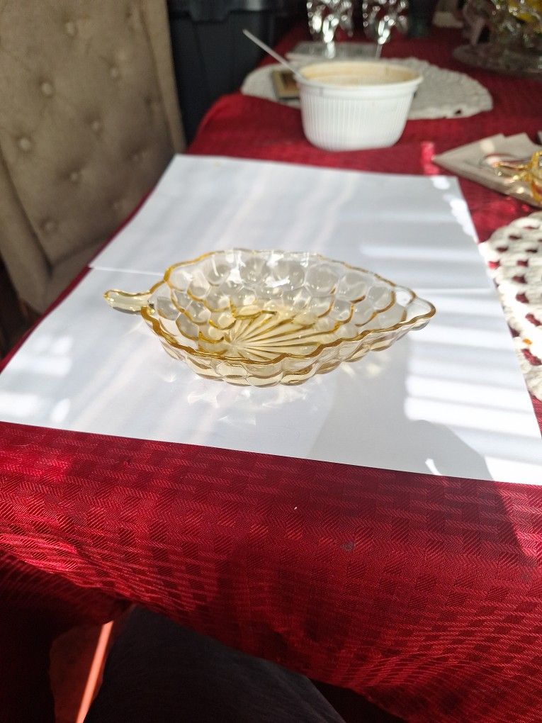 Vintage 1940s Anchor Hocking Grape Shaped Yellow Glass Nut Candy Dish