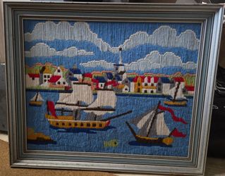 Vintage Embroidered Sailboats on Water in Front of Town w Clouds Framed Wall Art
