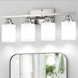 Sailstar Bathroom Light Fixtures, Brushed Nickel Vanity Light Over Mirror, 4-Light Wall Sconces with Milky White Frosted Glass Shades, Wall Lamp for B