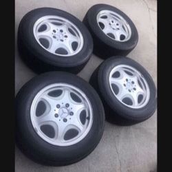 4 —- 225/60r16 5x112 5x4.41 Stock Mercedes S420 Rims Wheels Tires Good 80% Treads!!!!!!!!!!!