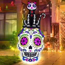 6.7 FT Halloween Inflatable Black Cat Sugar Skull Decorations Day of The Dead Sugar Skull Black Halloween Decor Blow Up Outdoor Yard Dia De Los Muerto
