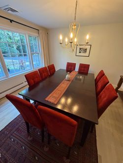 Sturdy Large Dark Wood Dining Table + 10 Red Tufted Suede Chairs