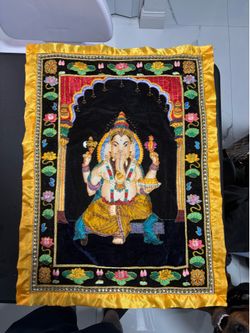 Lord Ganesh Wall Hanging Yellow/Multicolored Tapestry With Rhinestones