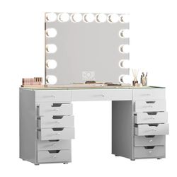 White Vanity Desk With Bluetooth Mirror (13 Drawers)