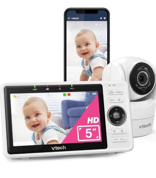 VTech Upgraded Smart WiFi Baby Monitor VM901, 5-inch 720p Display, 1080p Camera, HD NightVision, Fully Remote Pan Tilt Zoom, 2-Way Talk, Free Smart Ph