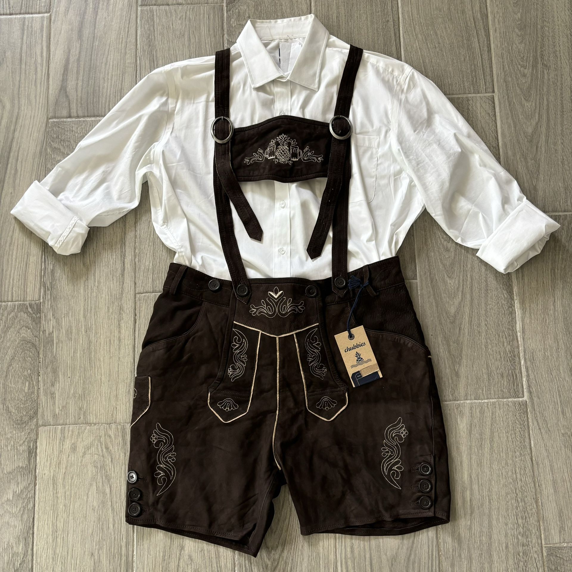 NWT Chubbies Leather The Lederhosen 3.0 Men’s Large Brown Oktoberfest Overalls