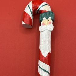 Vintage Santa Candy Cane  Wooden Christmas Ornament 