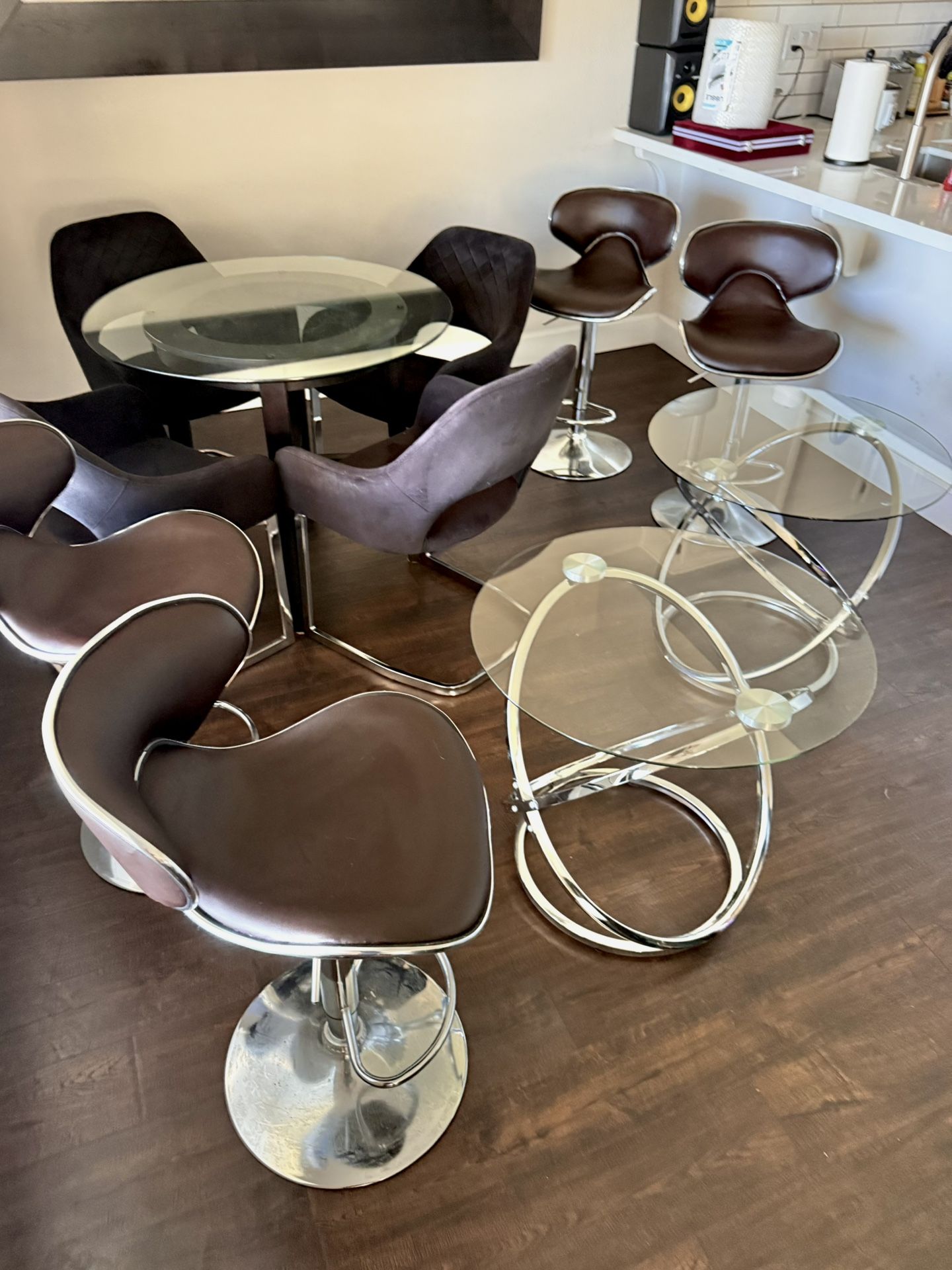 Modern Chrome & Glass Full Dining + Bar Setup