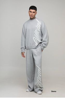 boohooMAN Tall Oversized Boxy & Wide Leg Official Brush Knitted Tracksuit - Grey (Medium)