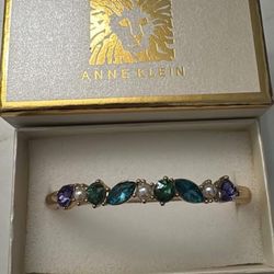 Anne Klein Gold Tone Bangle Bracelet Multicolor Crystals & Faux Pearls With Box