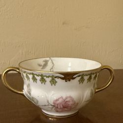 Vintage Limoges France Double Handled Bouillon Cup Pink Rose Gold Handles