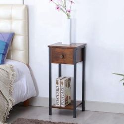 Side Table, Retro Industrial Side Table, End Table with Storage Drawers and Storage Boards,Easy to Assemble, Brown