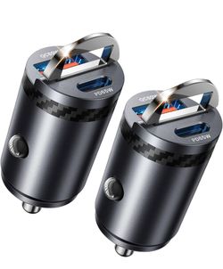2-Pack 125W Fast Car Charger, Mini Flush Fit USB C Car Adapter. Dual Port [65W PD & 60W QC] Cigarette Lighter USB Charger, Pull Ring Car Accessories f