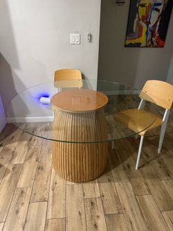 Round Glass Top Dining Table with Wood Base