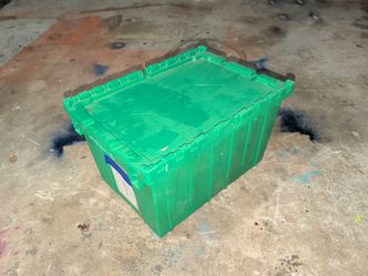 Green Plastic Storage Tote with Attached Lid