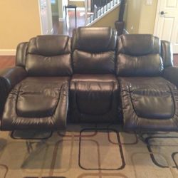 Brown Leather Fully Reclining Sofa Couch