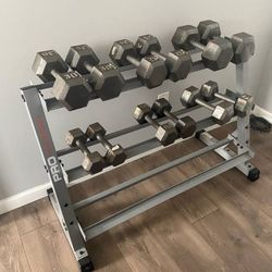 6 Pairs Of Steel Cast Iron Hex Dumbbells With Rack - 10’s, 15’s, 20’s, 25’s, 30’s And 35’s